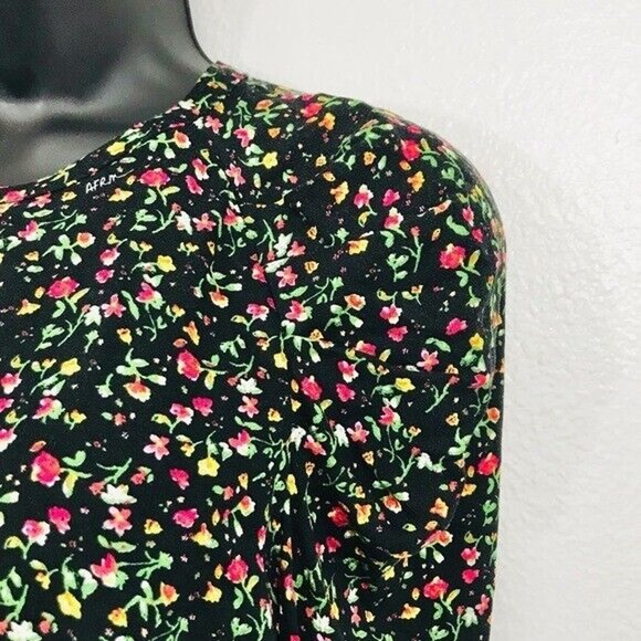 AFRM Top Garden Floral Blouse Puffed Drape Sleeve Black Viscose Zip, M - Picture 11 of 16